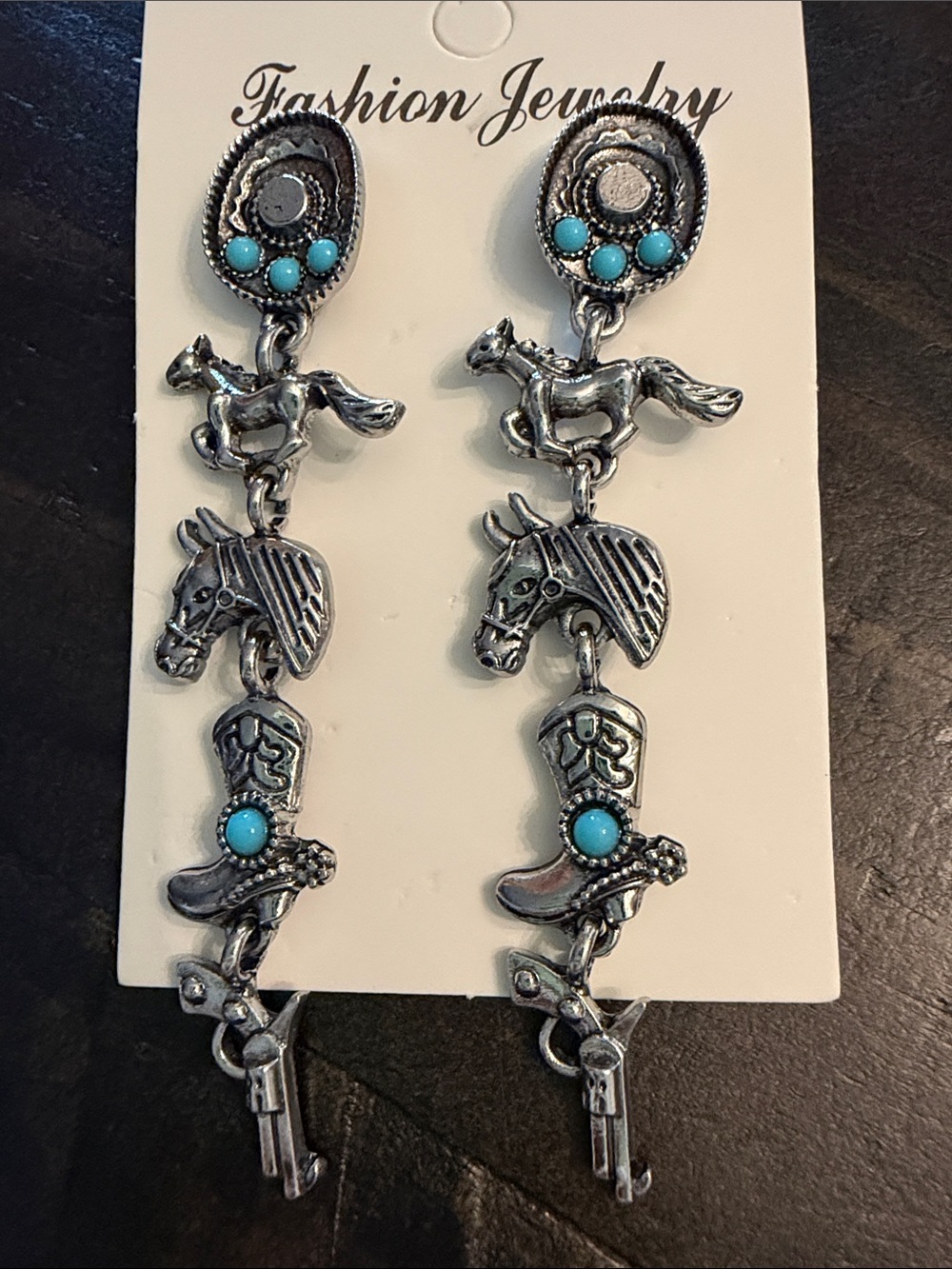 Fashion Jewelry Silver-Tone Western Horse & Turquoise Accent Dangle Earrings